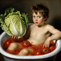 a boy sitting in a tub full of tomato sauce, a lot of cabbage, by giuseppe arcimboldo and ambrosius benson, renaissance, fruit, intricate and intense oil paint, realistic