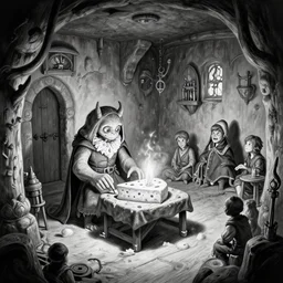 black and white point perspective dungeon cozy fantasy dungeon the possessed golem merchant Alara is selling cheesy bardings,by artgerm and Craig Mullins, James Jean, Andrey Ryabovichev, Mark Simonetti and Peter Morbacher 16k