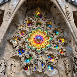 a beautiful 3 d stone carving of an intricate mandelbrot fractal inside the sagrada familia cathedral arch populated by fractals by android jones, carved soap, colorful scheme, unreal engine, volumetric lighting, dynamic lighting, bright, dramatic lighting, high contrast, carved marble, opalescent, translucent, sacred geometry, religious, angelic, stained glass