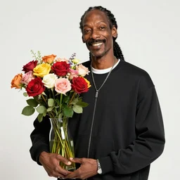 Snoop Dogg smiling while holding a Vase of flowers for a 1990s sitcom tv show, Studio Photograph, portrait, happy C 12.0