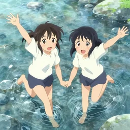 anime visual of two sisters playing in a crystal clear riverbed, cute face by ilya kuvshinov, makoto shinkai, kyoani, masakazu katsura, gelbooru, danbooru, dynamic pose, crisp and sharp, yoshinari yoh, rounded eyes, anime poster, cel shaded