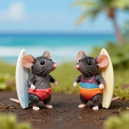 a macro 3 5 mm photograph of two mice in hawaii, they're each wearing tiny swimsuits and are carrying tiny surf boards, digital art