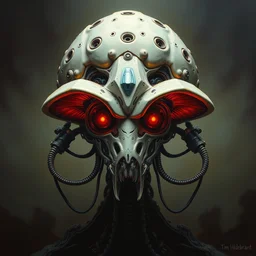 perfectly centered portrait, front view of a biomechanical alien robot mushroom, symmetrical, concept art, intricate detail, volumetric shadows and lighting, realistic oil painting by tim hildebrandt and greg rutkowski,