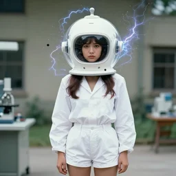 realistic photo portrait of a a scientist girl dressed in white shorts, dressed in white plastic spherical helmet hat, particles aura electricity, 1 9 9 0, life magazine photo, natural colors,