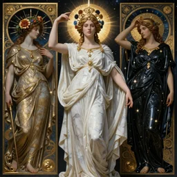 saint woman, venus, athena, queen, by annie swynnerton and nicholas roerich and jean delville, strong dramatic cinematic lighting, ornate headdress, flowing robes, spines, flowers, stars, lost civilizations, smooth, sharp focus, extremely detailed, marble, obsidian, gold, space
