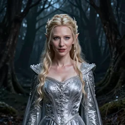 portrait of mischievous, dangerous Cate Blanchett's young Galadriel as a queen of elves, dressed in a elegant silvery garment. The background is a dark, chilling eastern europen forrest.  night, horroristic shadows, high contrasts, lumnious, theatrical, character concept art by ruan jia, thomas kinkade, and J.Dickenson, trending on Artstation