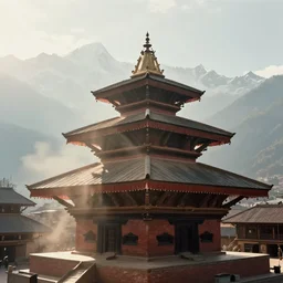 hyper realistic and detailed vintage photo of a nepalese temple with rays of the sun shining though smoke and dust with himalayan peaks behind by national geographic