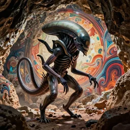 xenomorph in the style of HR Giger, color cave painting