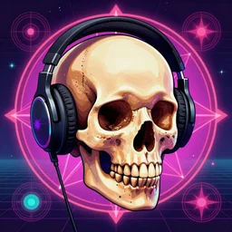 human skull with headphones, retrowave, synthwave, psychedelic background with sacred geomerty elements in style of alex gray, digital art, artstation