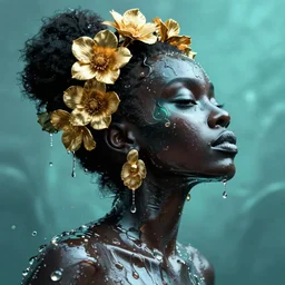 hyperrealistic post - dada cinematic very expressive! profile black oshun goddess, shoulders from water!!, mirror dripping droplet!, gold flowers, highly detailed face, digital art masterpiece, smooth eric zener cam de leon, dynamic pearlescent teal light, low angle uhd 8 k, sharp focus