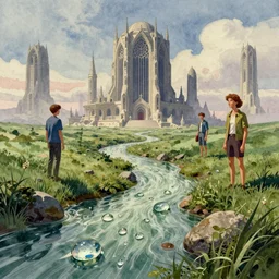 nature is flowing in world of dew, a watercolor and matte painting by beeple and rhads and mark keathley, wes anderson, cgsociety, gothic architecture, dystopian art, retrofuturism, sci - fi, artstation hq