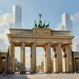brandeburg gate Germany, futuristic digital painting, concept art, skyline in back, in the style of Ralph Mcquarrie, warm lighting, trending on artstation, high detail, sci fi, bright colours, vivid colours
