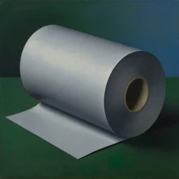 a surrealist painting of an abstract gray paper roll in a dark green and blue gradient background in the style of Kay Sage.