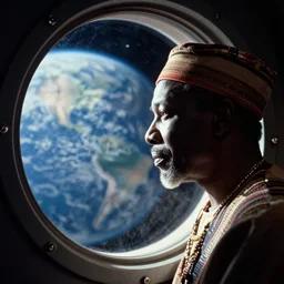 analogue photo of an African tribal chief looking out the porthole window of a spaceship, close-up, planet earth in reflection, photo shot by martha cooper, 35mm,