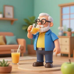3 d toy old man drinking juce in his apartment by beeple, surreal, vibrant colors, octane renderer, trending on pinterest