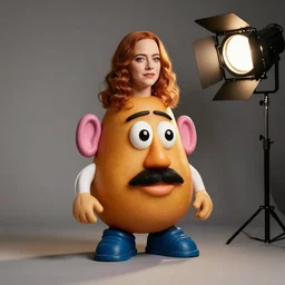 studio photo still of emma stone as a potato character, 8 k, studio lighting, key light from right side