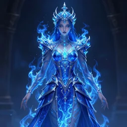 portrait of a mage wearing a dress made of blue flames, intricate detail, ornate, digital artwork, artstation