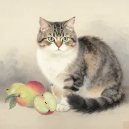 a beautiful painting cat and fruit, by zhangda qian painting