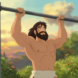a wholesome animation key shot of a jesus as a bodybuilder training in nature, pullups, medium shot, waist up, studio ghibli, pixar and disney animation, sharp, rendered in unreal engine 5, anime key art by greg rutkowski, bloom, dramatic lighting, sunrise