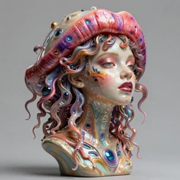 machine cover art arms!!!! lips!!! future bass girl unwrapped statue bust curls of hair petite lush side view body unfolds photography model full body curly jellyfish lips art contrast vibrant futuristic fabric skin jellyfish material metal veins style of Jonathan Zawada, Thisset colours simple background objective