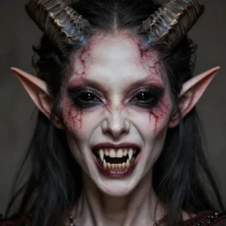 a creepy portrait, demon, professionally retouched, soft lighting, realistic, pointed elf ears, horns, scarred face, pointed teeth, jet black alien eyes, wide angle, sharp focus on the eyes, 8 k high definition, insanely detailed, intricate, elegant, beautiful, horros, creepy, art by artgerm and wlop