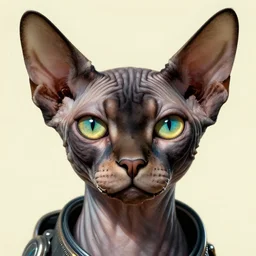 the doomslayer as anthropomorphic sphynx cat a realistic scifi cyberpunk, visible face closeup portrait art by donato giancola and greg rutkowski, vintage retro scifi, realistic face, digital art, trending on artstation, symmetry