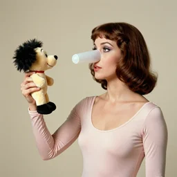 1976 woman wearing an inflatable plastic nose, soft color, wearing a leotard 1976 holding a hand puppet, color film 16mm Almodovar John Waters Russ Meyer Doris Wishman old photo