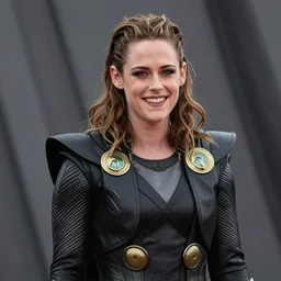 smiling kristen Stewart dressed as Loki