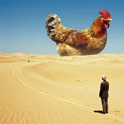 freudian slippery slope in the desert at high altitudes with gigantic chicken in the distant background by salvador dali