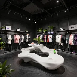 fzd school of design!!!! nike boutique flagship retail. gothic styled black interior. white sensual flowing furniture!!! with colorful shoes and varied clothes. low ceilings with rails and spots. plants. muted colors., hyperdetailed environment