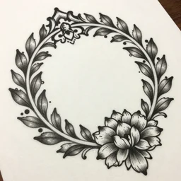 tattoo design on paper, leafy baroque patterns, heavy black ink, monotone, highly detailed