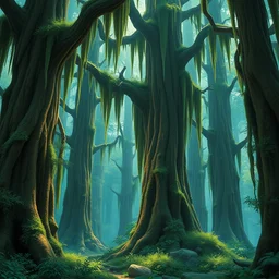 exotic toxic forest, large tall trunks trees, hanging vines, moss by miyazaki, nausicaa ghibli, breath of the wild