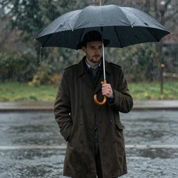 a man with an umbrella on a rainy day in the style of rembrandt