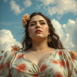 close - up fashion fat woman portrait airy flowers cloudy sky art by vasnetsov