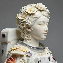 beautiful asian woman portrait with a smooth carved porcelain ivory profile face, in astronaut suit, futuristic haute couture draped in flowers and mushroom, iris van herpin, headdress with daisies and lotus, hyper detailed, ultra sharp, 8 k