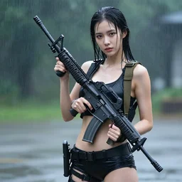 hyperrealistic photo of a hot wet girl in the rain holding an ar - 1 5, 8 k