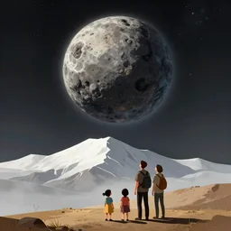 an evacuation poster detailing an asteroid in the atmosphere over a mountain with a family on the fround looking up