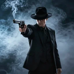 mysterious man in black suit and black hat, he has a pistol, smoke, fog, mysterious, 4 k, highly detailed, digital art, strong shadows, high contrast, epic scene, atmospheric, blue colours, by jack kirby