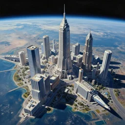 an painting of low earth orbit space city by john harris. ultra clear detailed. 3 d, octane render. 8 k