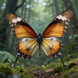 wide shot of a mechanical robotic butterfly, forest environment, biotechnology, photo, national geographic, deep depth field, masterpiece, cinematic composition, hyper - detailed, hd, 4 k