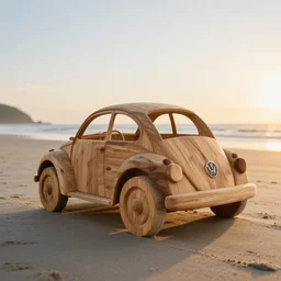 a volkswagen beetle made of wood parked on the beach sand, sunrise