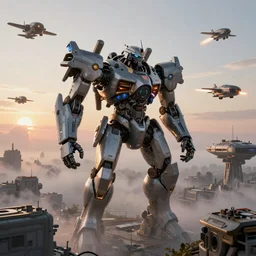 extremely detailed mech battle surrounded by air ships and planes firing against a unknown enemy in the fog, stunning volumetric light, sunset, metal, concrete and translucent material, stunning skies, trending on Artstation, 8k, photorealistic, hyper detailed, unreal engine 5, IMAX quality, cinematic, epic lighting, in the style of Greg Rutkowski