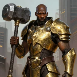 futurepunk warrior, giant hammer, portrait, brass metal armor, buff, brown skin african, brown eyes, bald, badass beard, urban city at background, high fantasy, tech, digital painting, highly detailed, smooth, sharp contrast, by artgerm and greg rutkowski and alphonse mucha, artstation