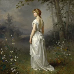 Albert Bierstadt\'s painting of an elegant, thin woman with light hair, back and standing, in a simple but beautiful dress, from the duchy of Lituania, on a misty forest