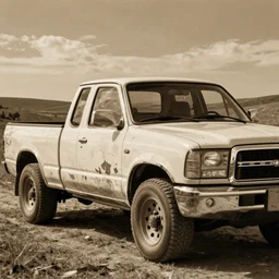 every human and pickup truck in the outdoors, sepia painting, scraped paint