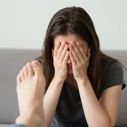 stock photo of woman facepalming with someone else's foot