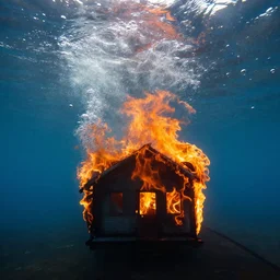 dslr photo still of a house on fire under the water under water at the bottom of the ocean with lots of bubbles and light rays, 8 5 mm f 1. 8