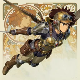 a dieselpunk valkyrie taking flight, ilya kuvshinov face, highly detailed, cel shading, digital painting, kyoto animation key visual, in the style of hayao miyazaki and alphonse mucha