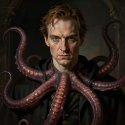 portrait of hp lovecraft, tentacles, dark room, digital art, realistic, detailed, artstation