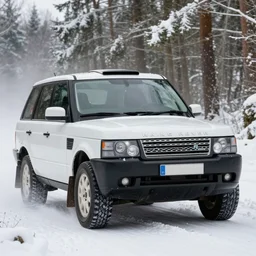 a 2 0 0 8 land - rover range rover supercharged, racing through a rally stage in a snowy forest